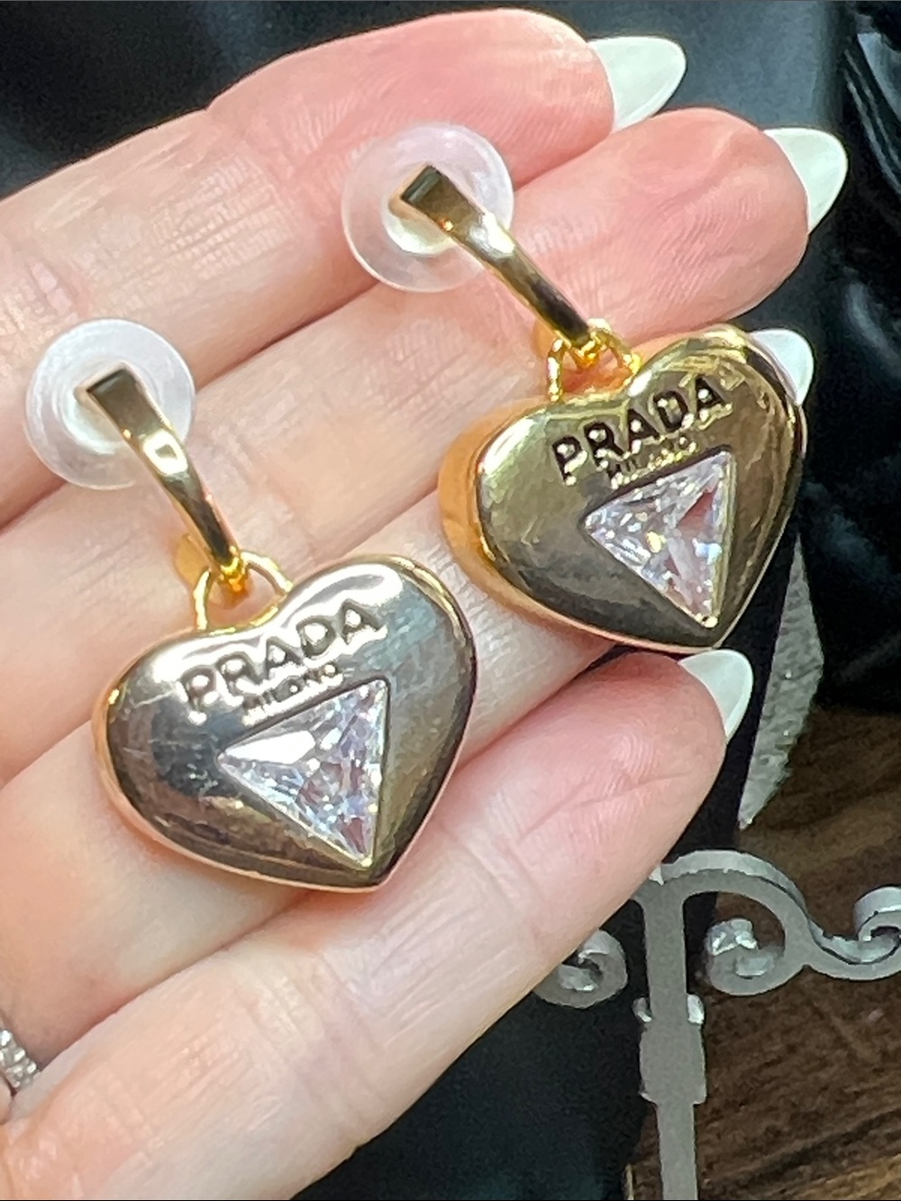 Prada Gold Heart Drop Earrings with Clear Crystal